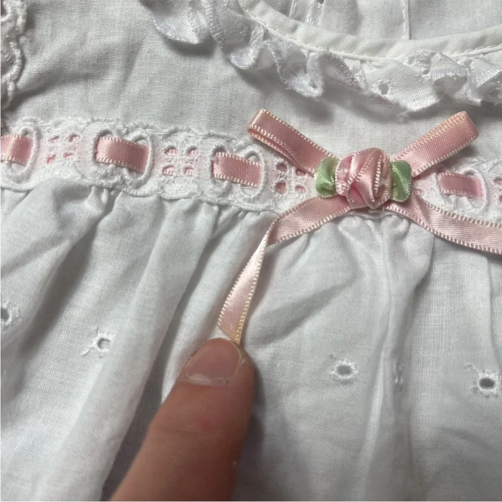 Vintage White Eyelet Lace Baby Girls Bow Ribbon Dress